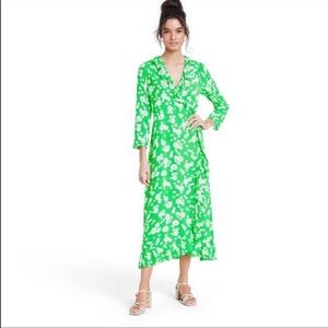 Rixo x Target Daisy 3/4 Sleeve Ruffle Wrap Dress Green Flower Midi New with Tags